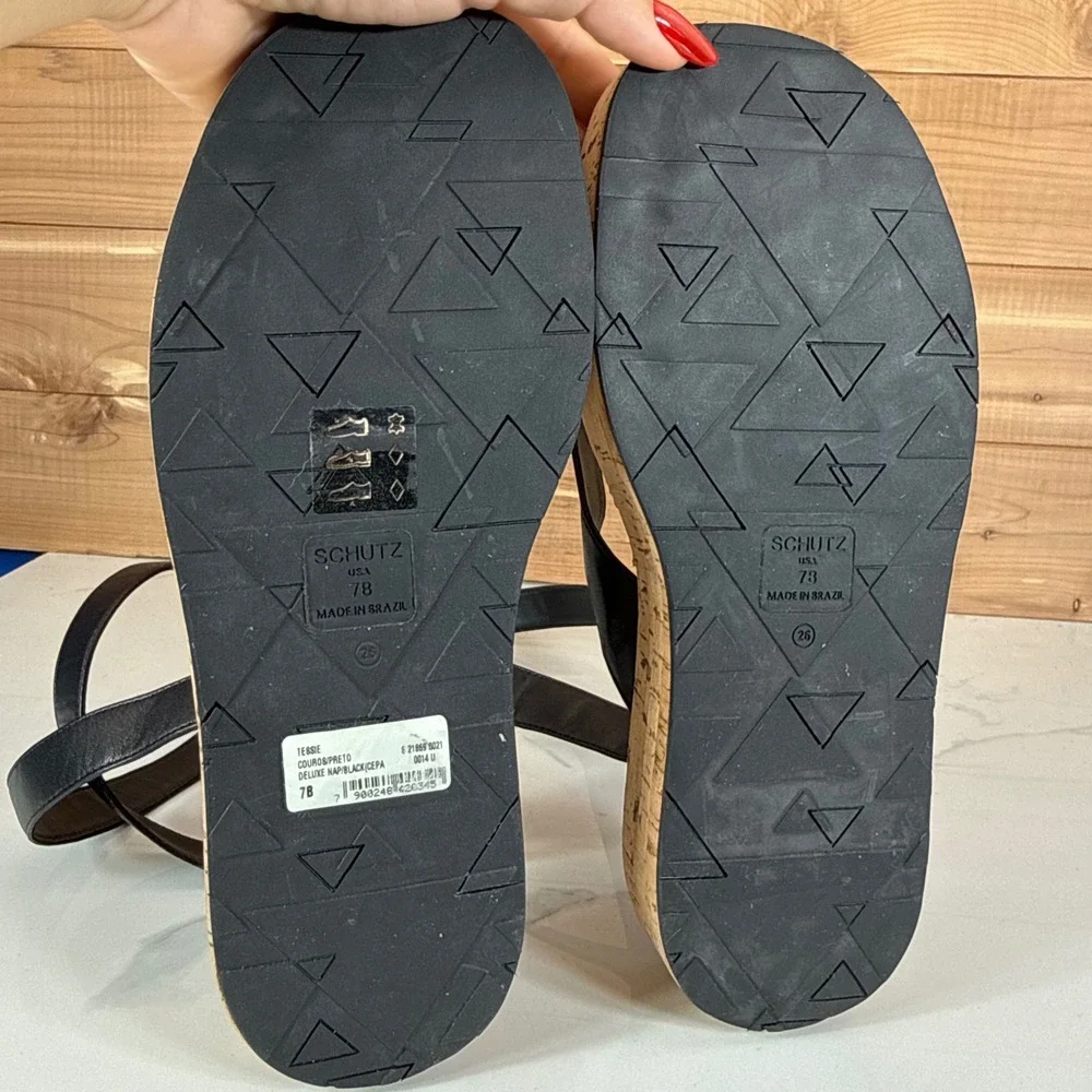 Schutz Tessie Black Leather Cork Platform Thong Sandals Womens 7B Ankle Strap